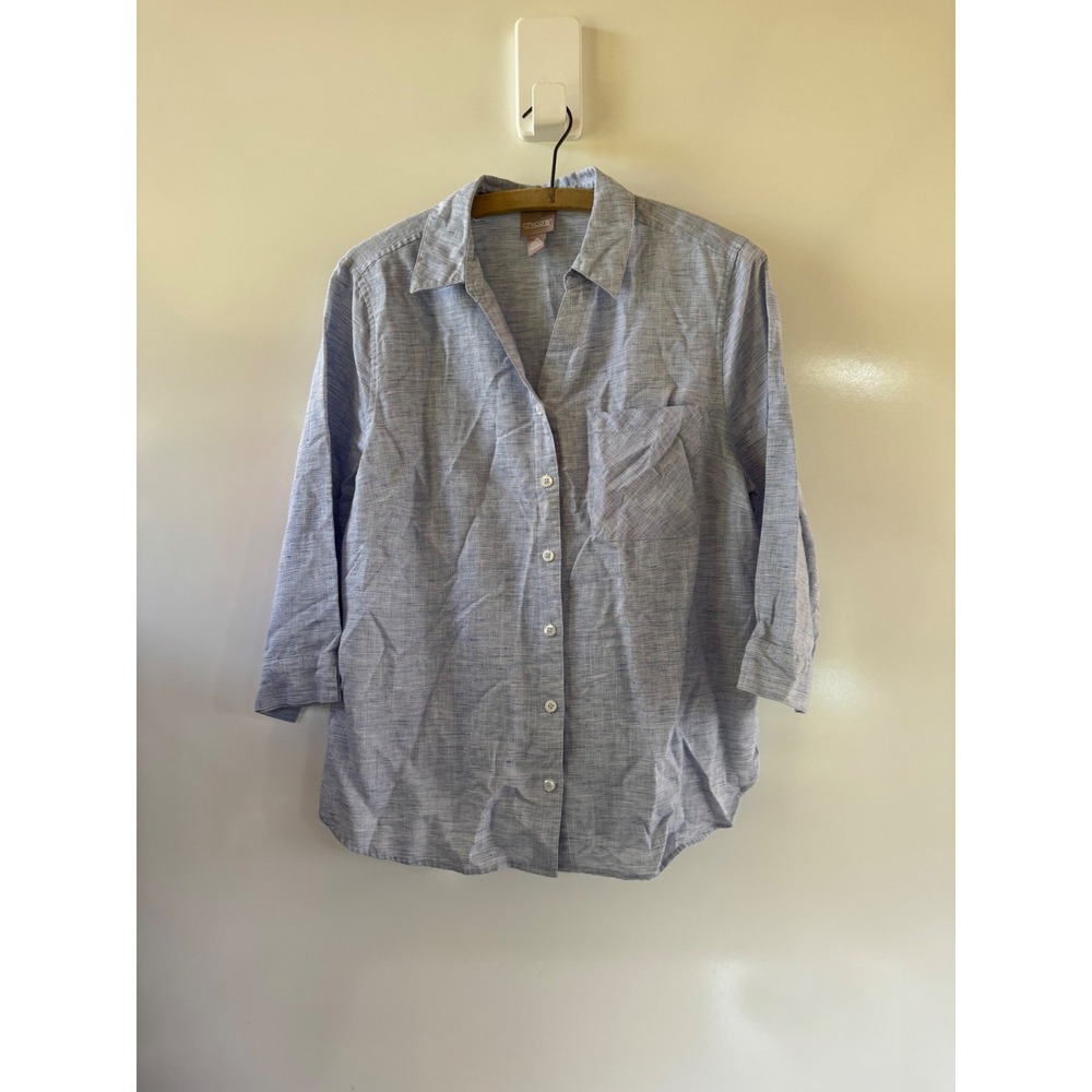 Chico's Women Blue White Cotton Linen Blend Button Down Shirt Size 2 Large